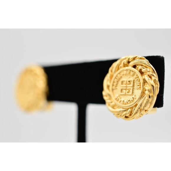 Givenchy Vintage Logo Clip On Earrings 4G Coin Round Gold Signed 80s 1980s BinAI - Picture 2 of 12